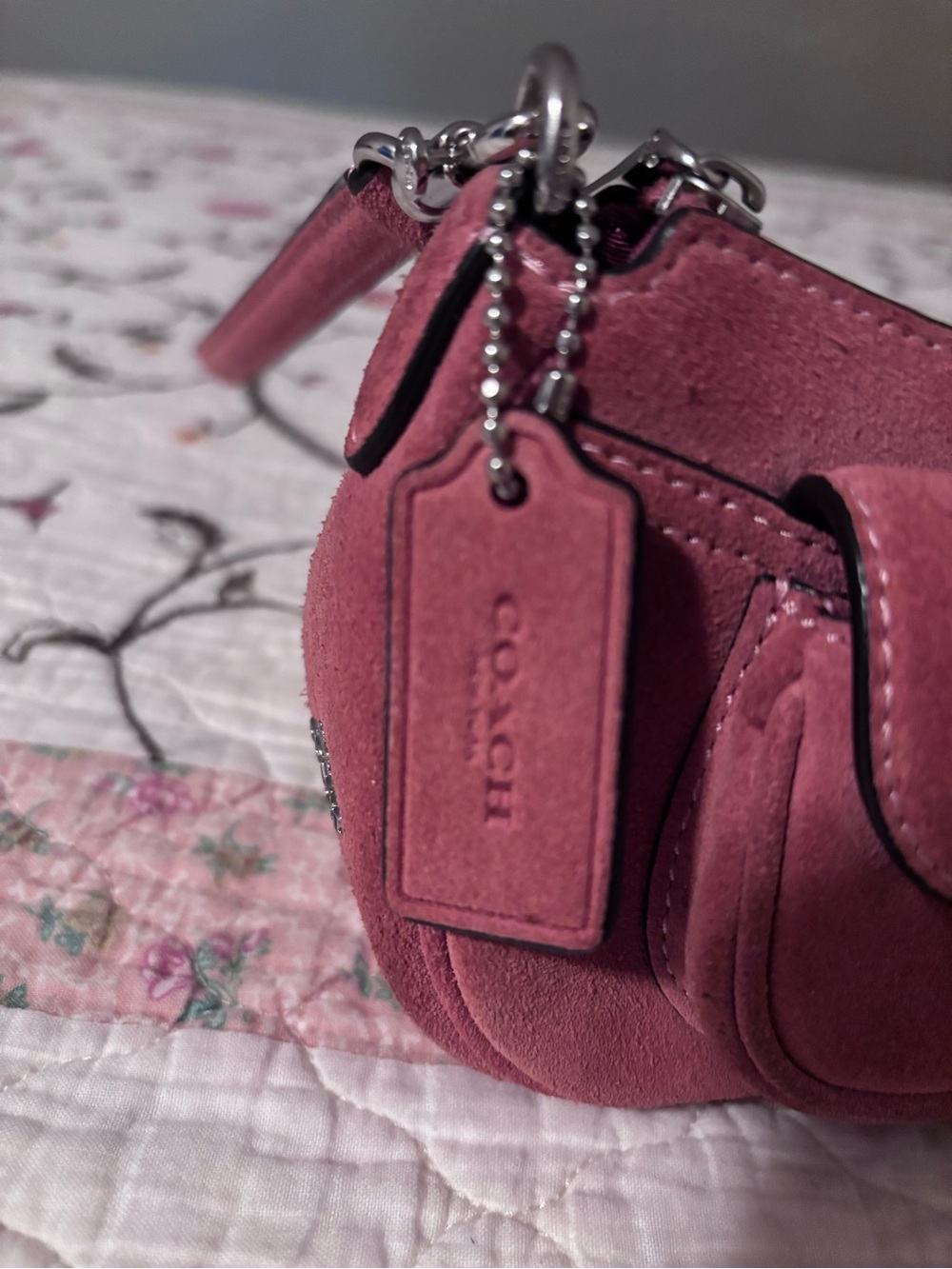 Coach Rose Pink Suede Mini Shoulder Bag with Logo Tag